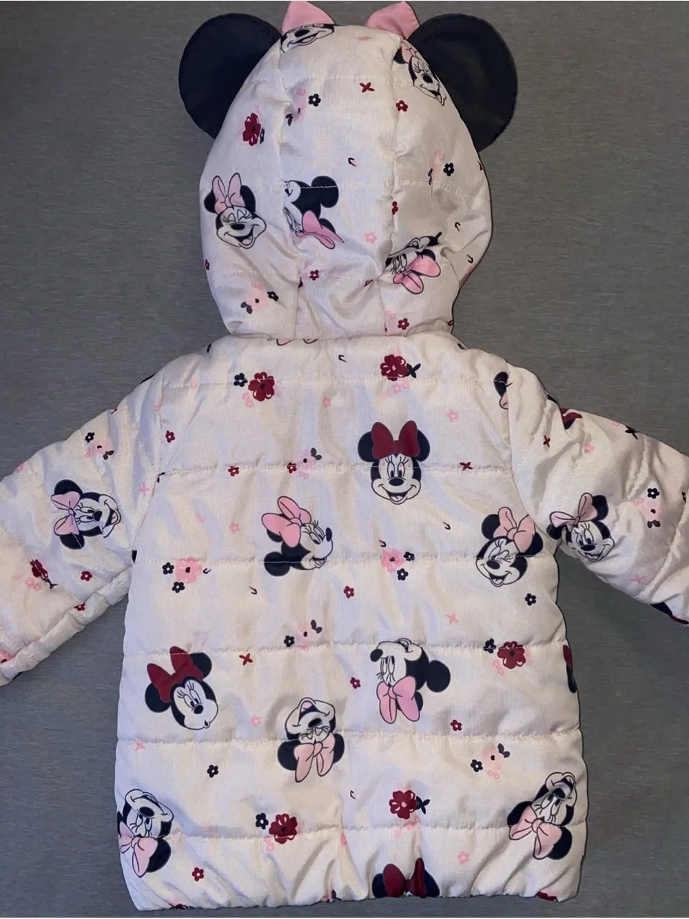 Disney Girls White, Pink & Navy Minnie Mouse Puffer Coat with Ears